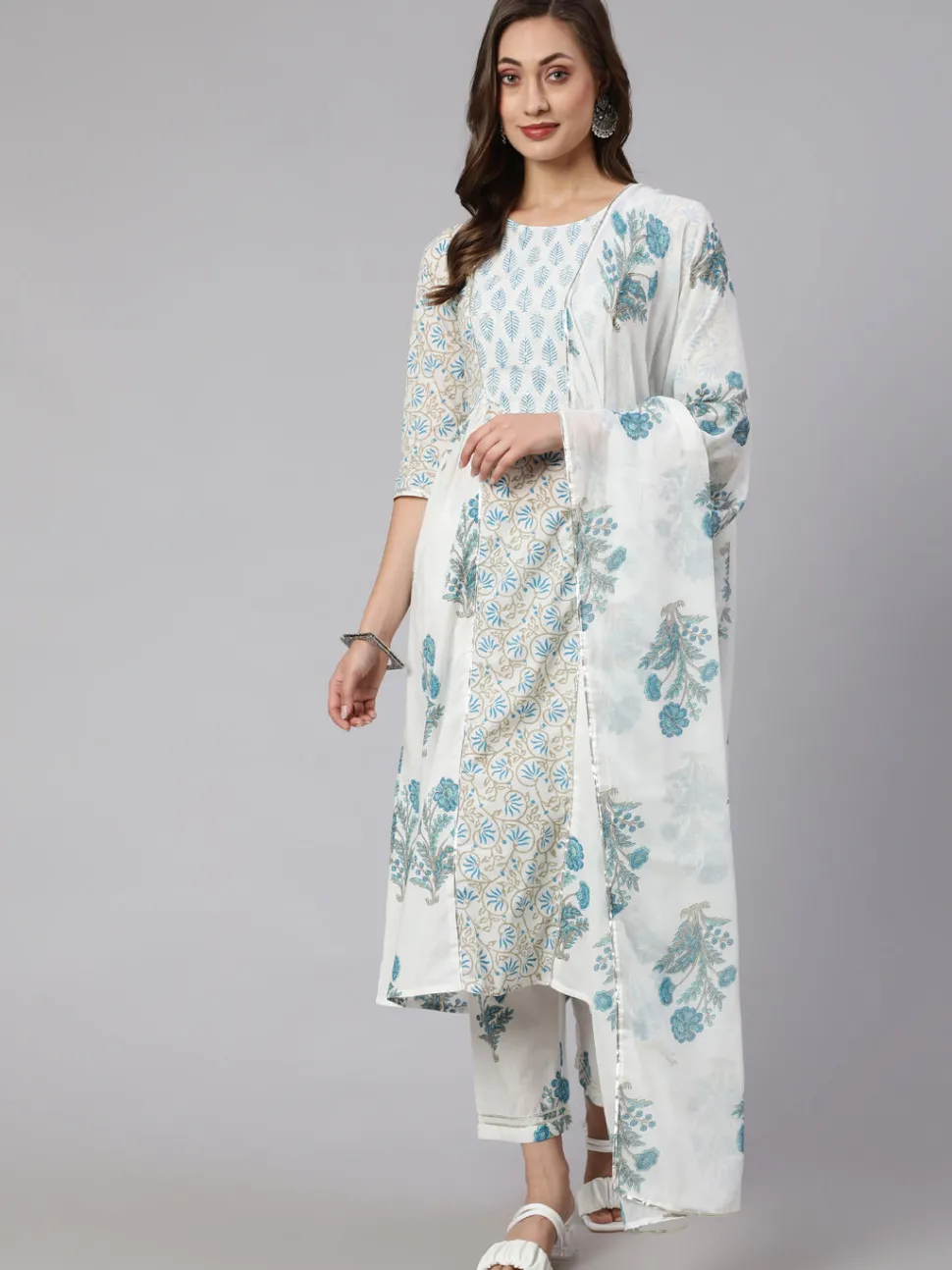 Jaipur Kurti White & Turquoise Blue Ethnic Printed Flared Kurta With Pants & Dupatta