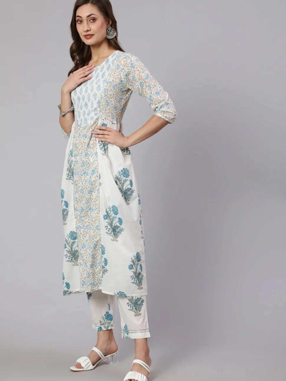 Jaipur Kurti White & Turquoise Blue Ethnic Printed Flared Kurta With Pants & Dupatta