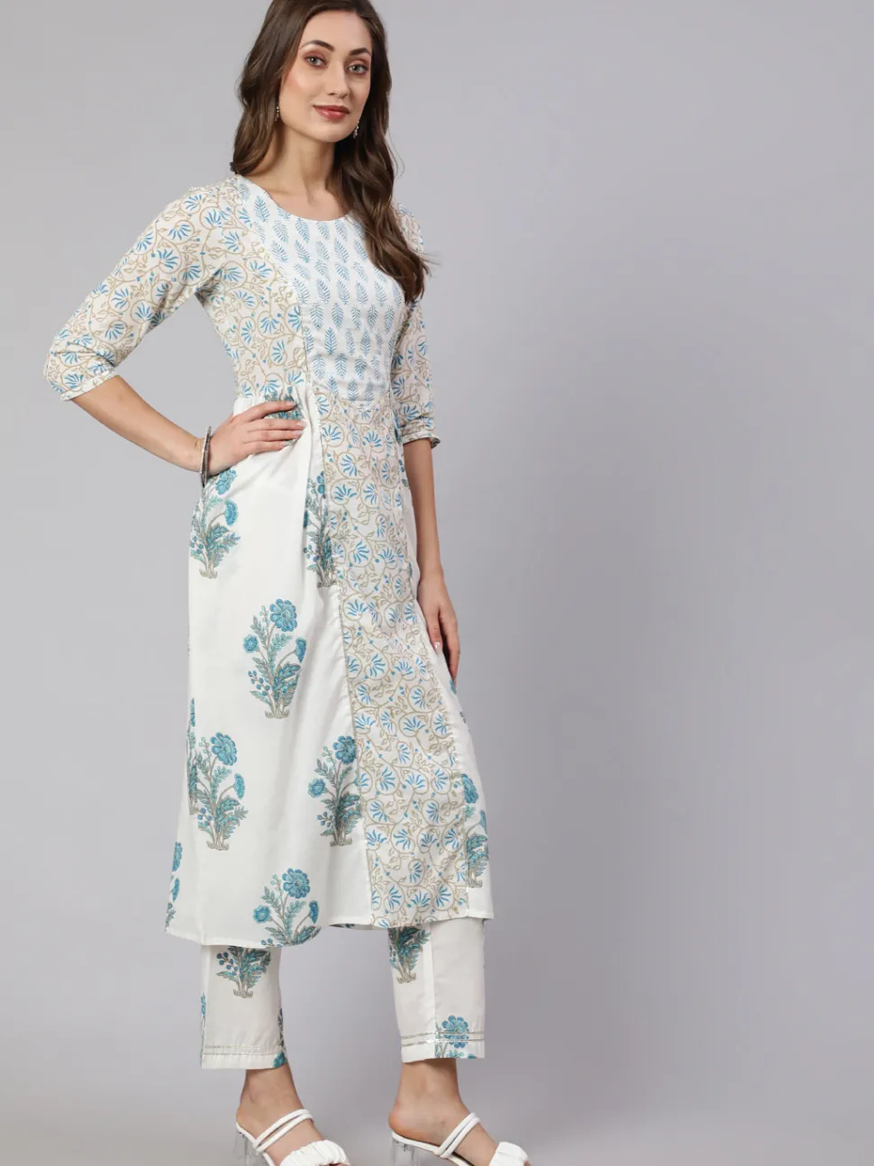 Jaipur Kurti White & Turquoise Blue Ethnic Printed Flared Kurta With Pants & Dupatta
