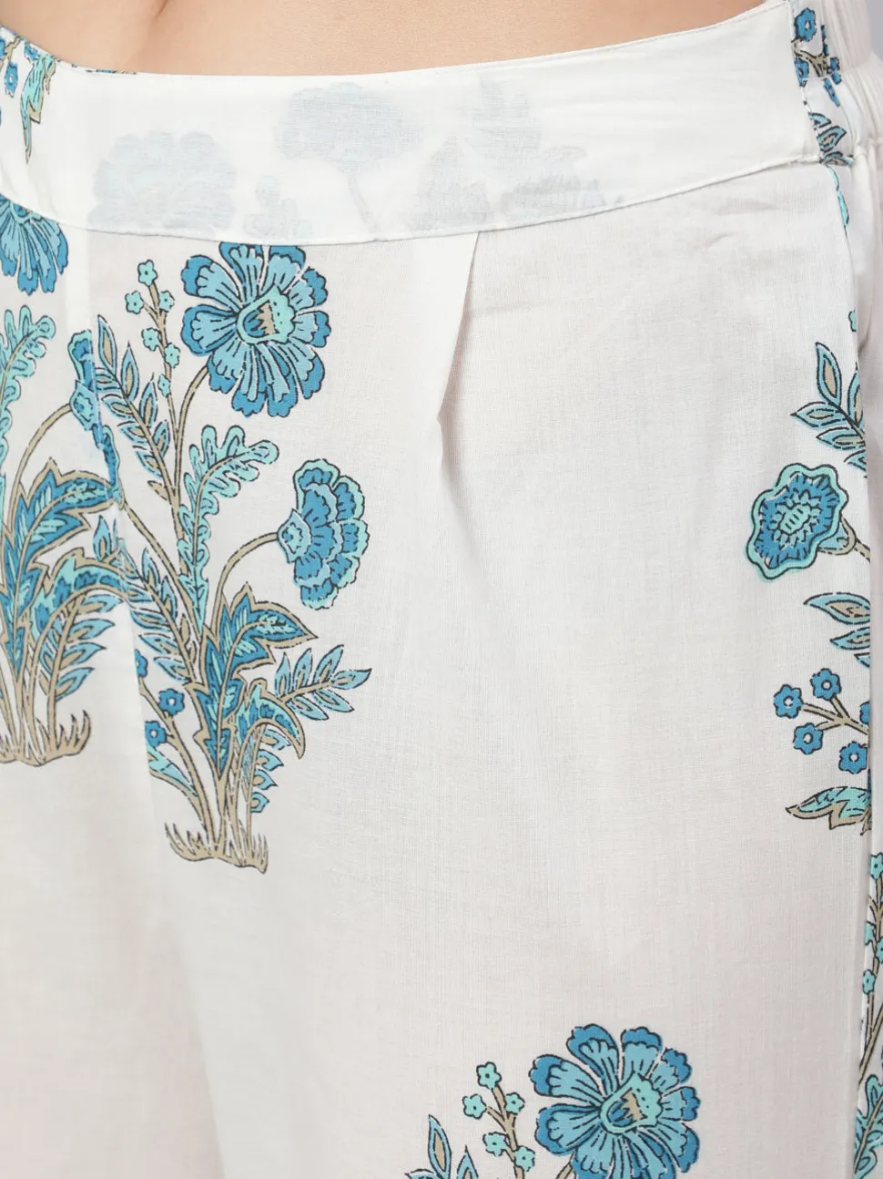 Jaipur Kurti White & Turquoise Blue Ethnic Printed Flared Kurta With Pants & Dupatta