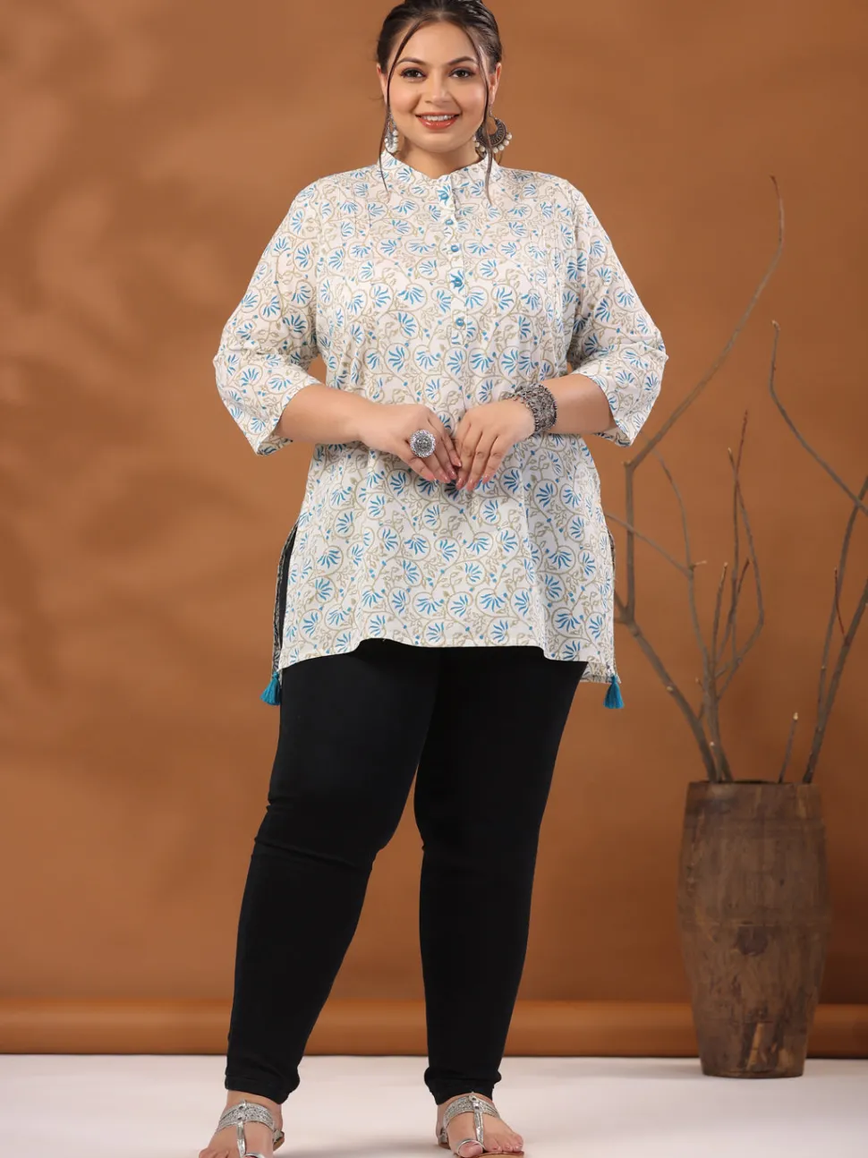 Jaipur Kurti White & Turquoise Blue Plus Size Printed Cotton Straight Short Kurta