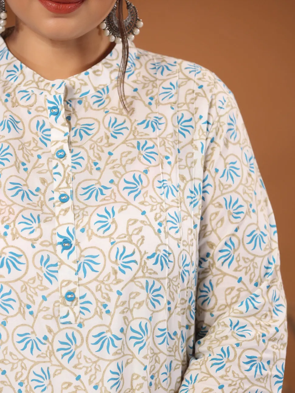 Jaipur Kurti White & Turquoise Blue Plus Size Printed Cotton Straight Short Kurta