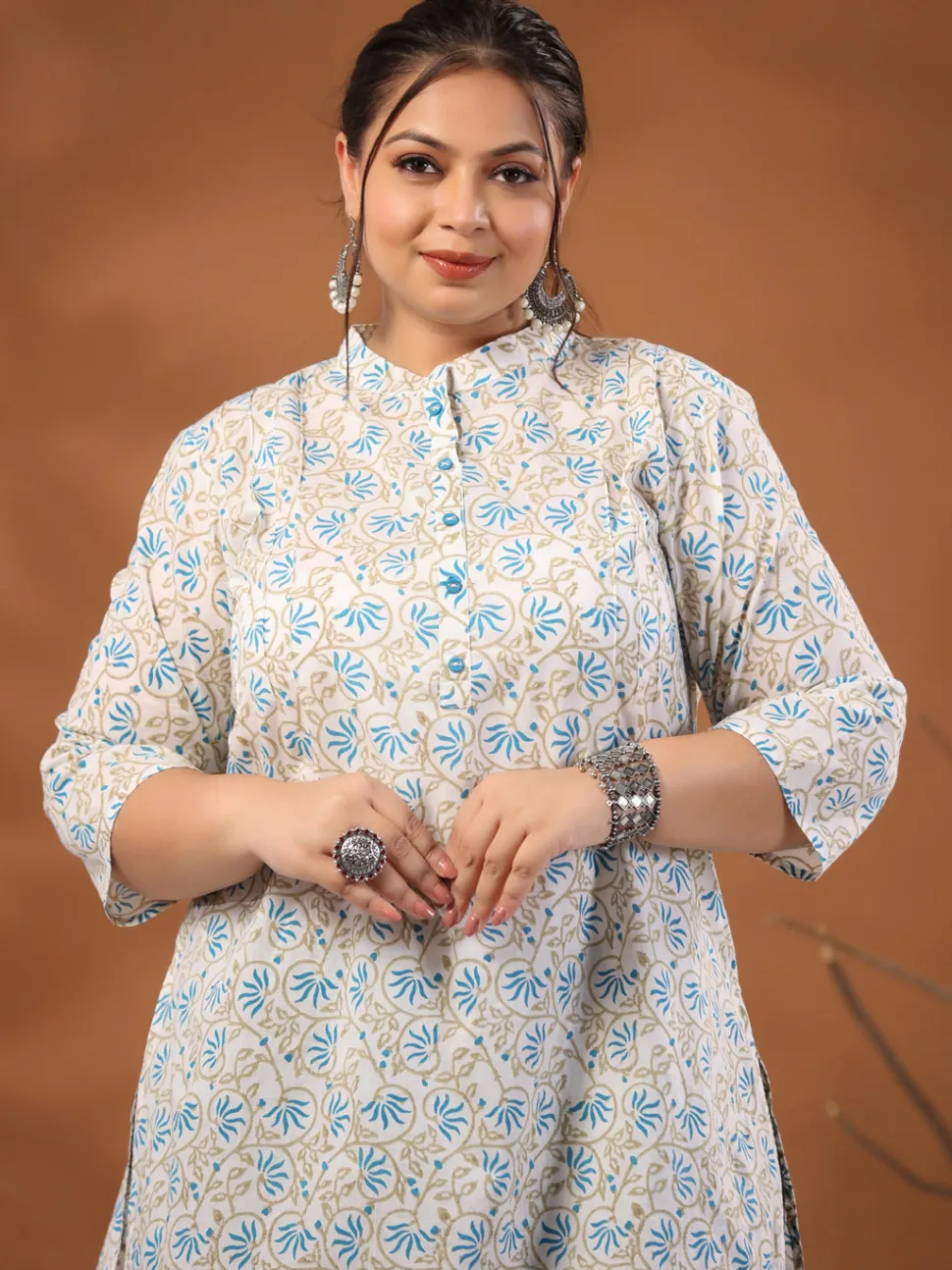 Jaipur Kurti White & Turquoise Blue Plus Size Printed Cotton Straight Short Kurta