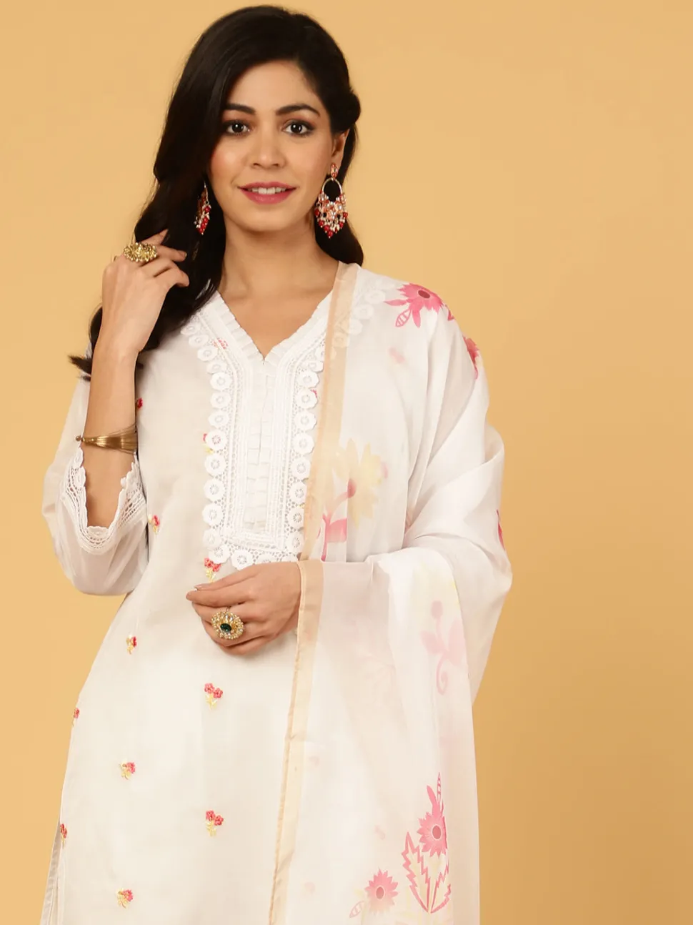 Jaipur Kurti Aari Work Art Silk Kurta With Pants And Dupatta