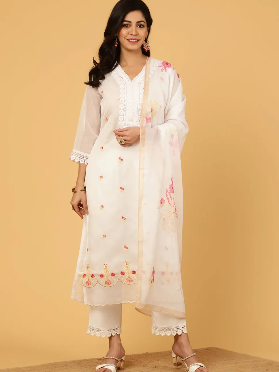 Jaipur Kurti Aari Work Art Silk Kurta With Pants And Dupatta