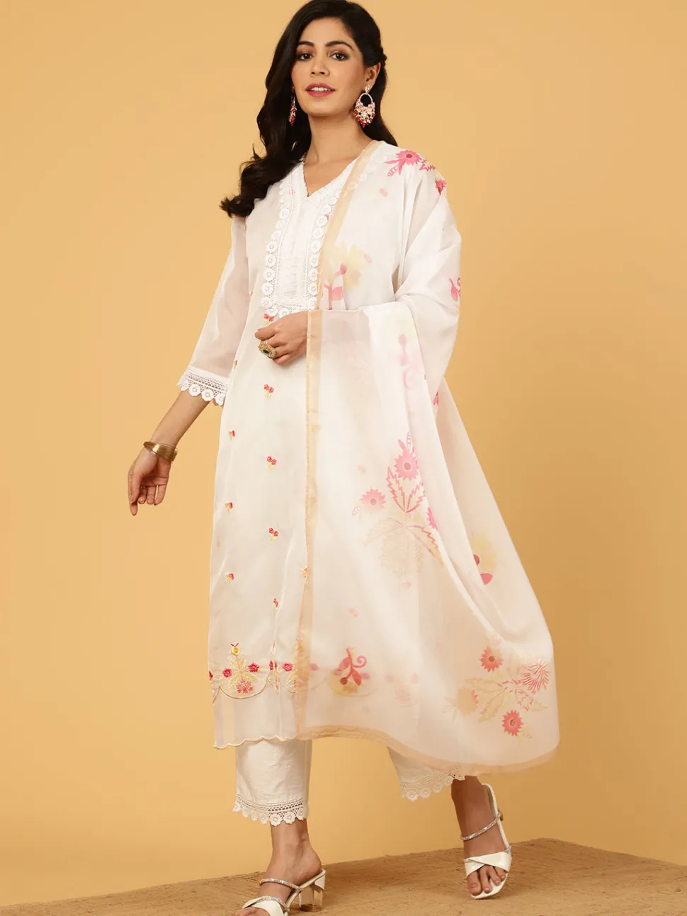 Jaipur Kurti Aari Work Art Silk Kurta With Pants And Dupatta