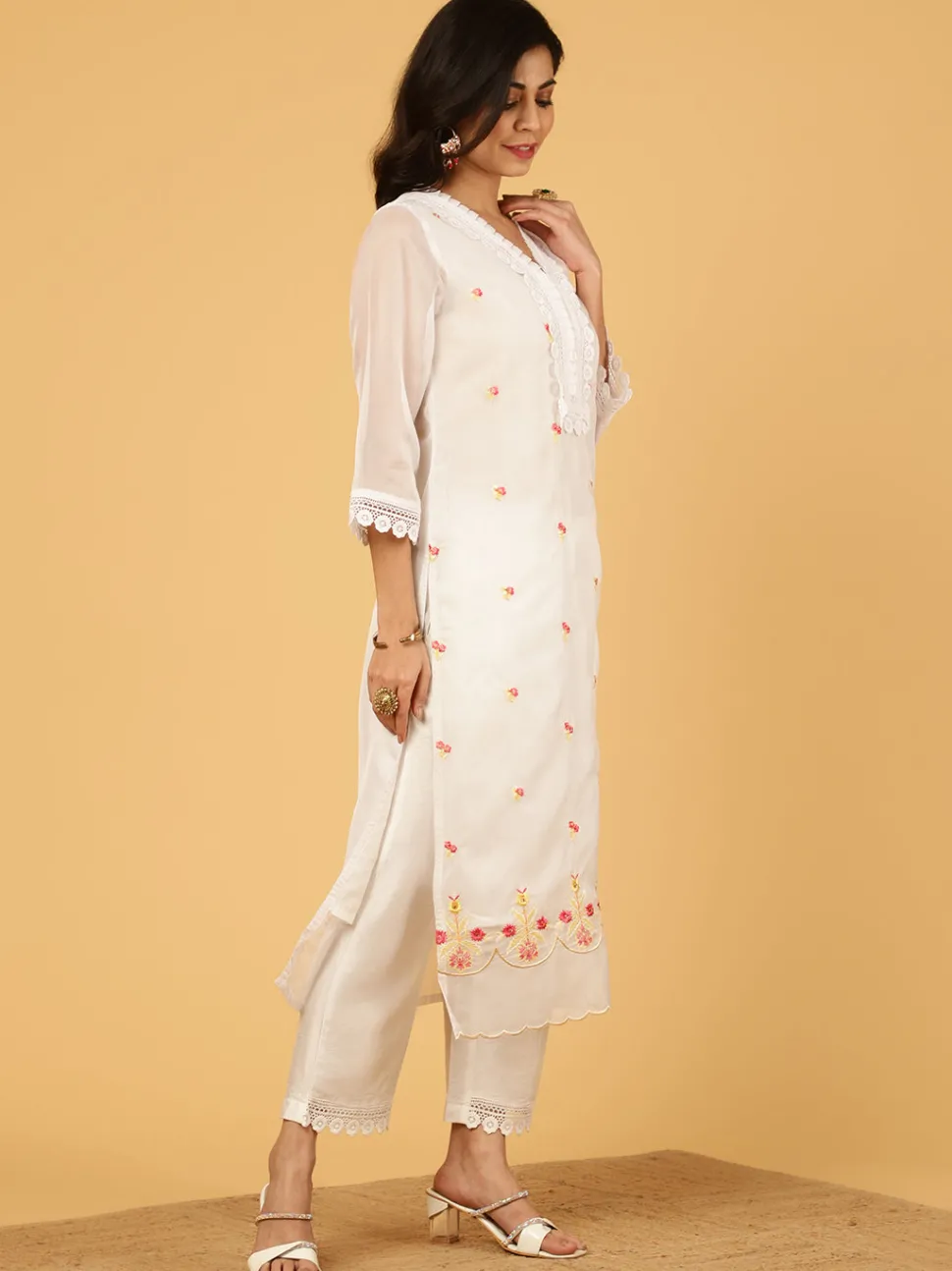 Jaipur Kurti Aari Work Art Silk Kurta With Pants And Dupatta