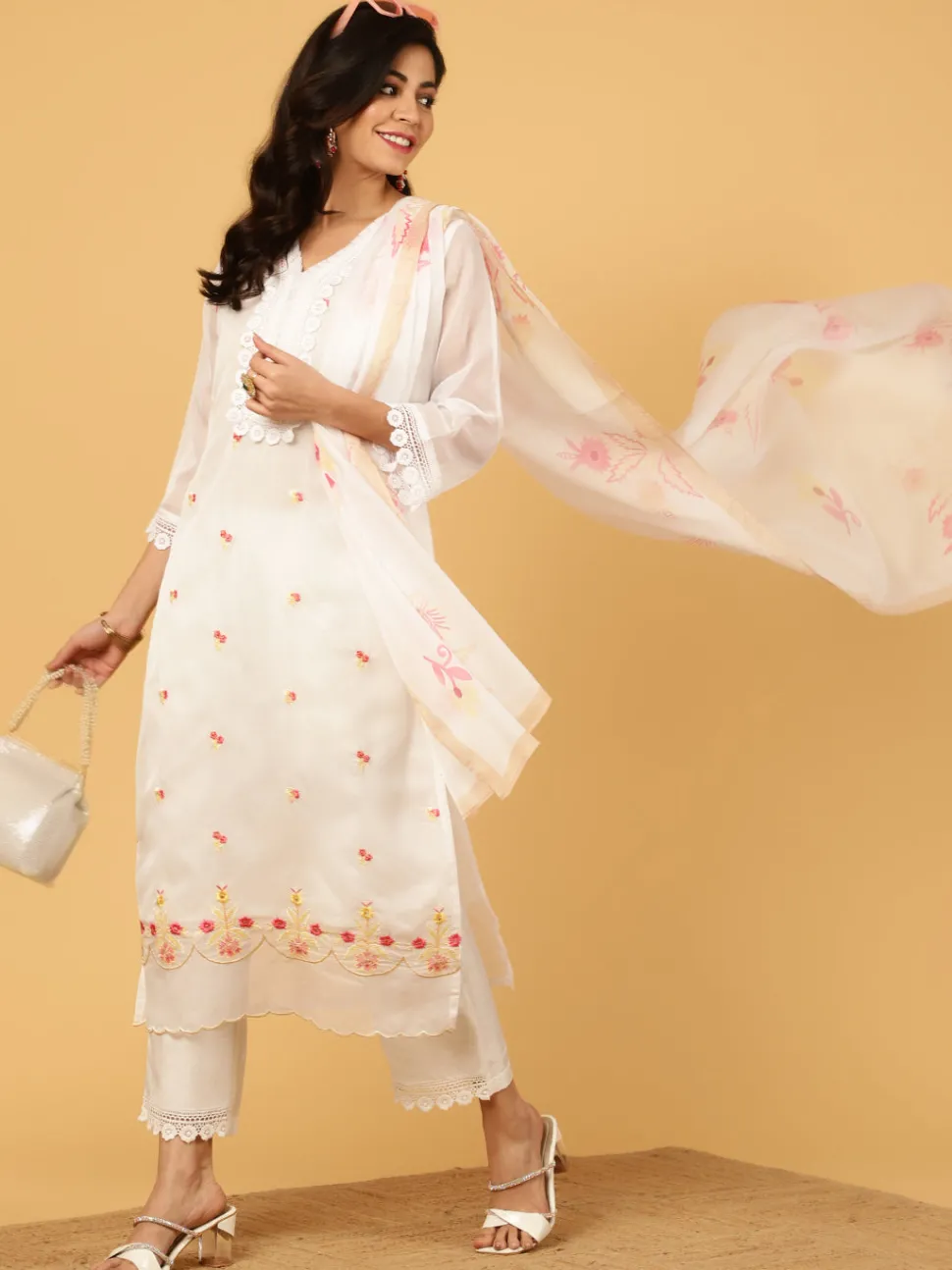 Jaipur Kurti Aari Work Art Silk Kurta With Pants And Dupatta