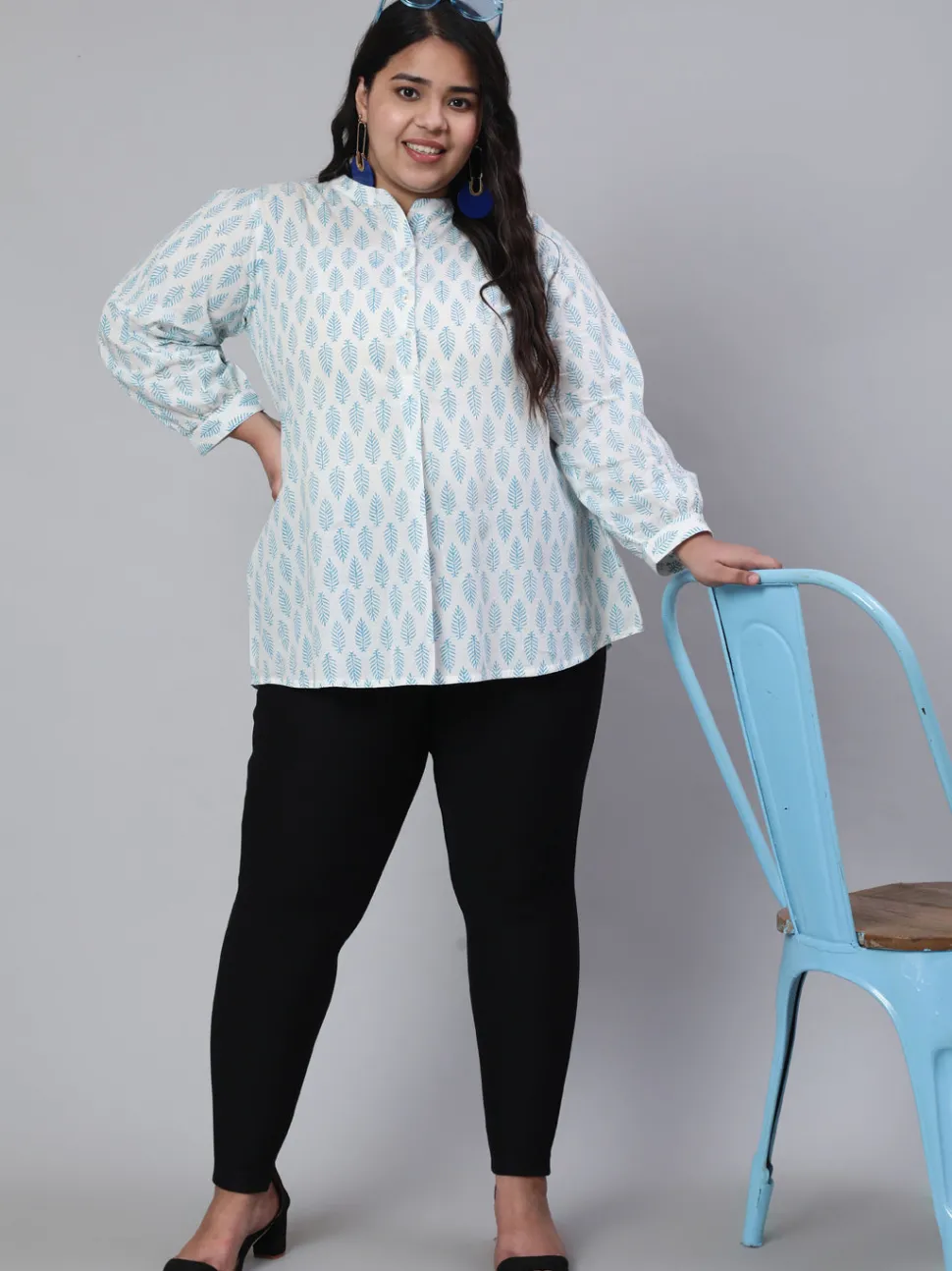 Jaipur Kurti White And Turquoise Blue Plus Size Printed Pleated Top