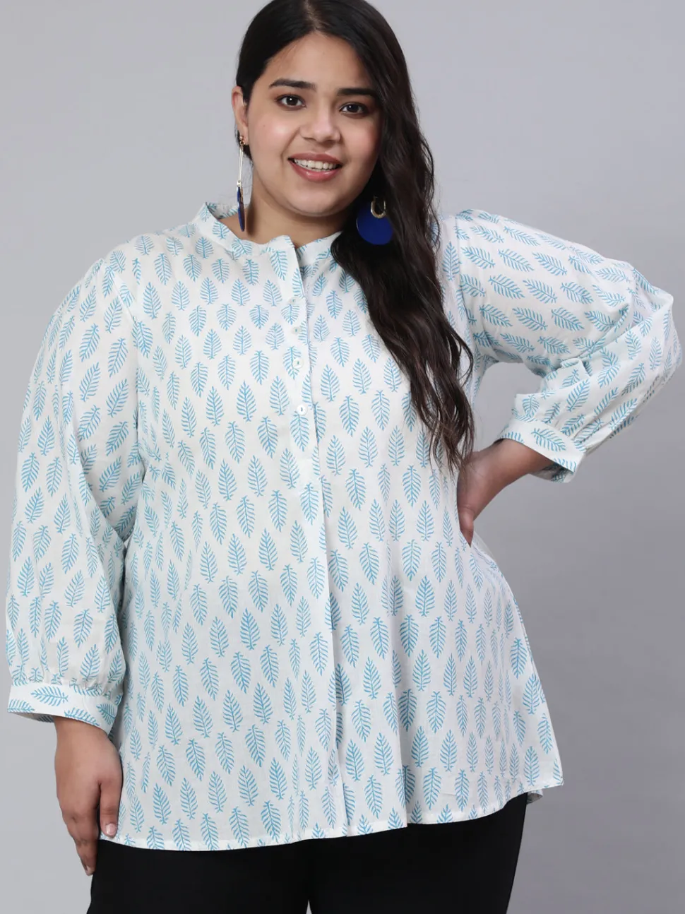 Jaipur Kurti White And Turquoise Blue Plus Size Printed Pleated Top