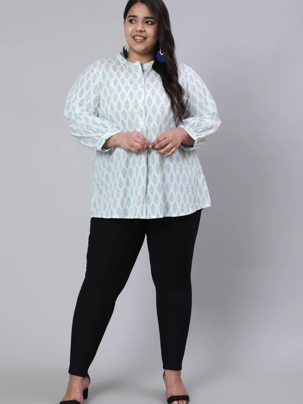 Jaipur Kurti White And Turquoise Blue Plus Size Printed Pleated Top