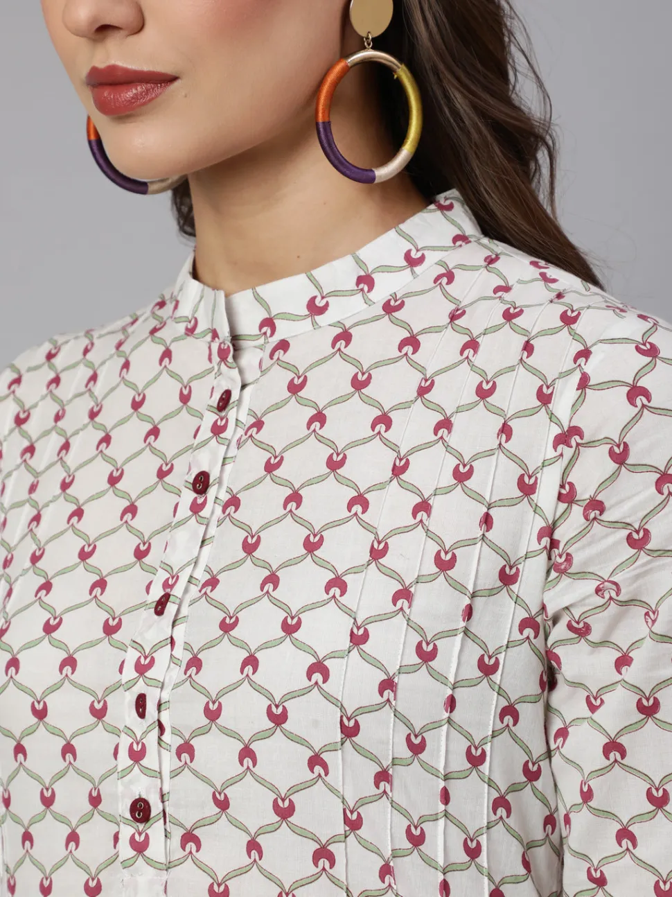 Jaipur Kurti White Geometric Printed Cotton Short Kurta With Burgundy Pants
