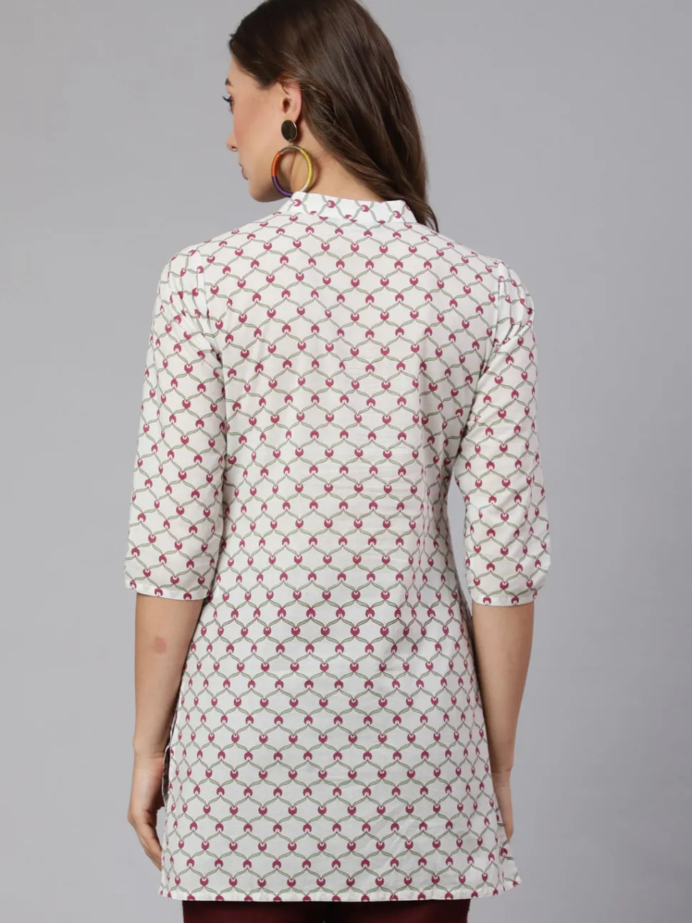 Jaipur Kurti White Geometric Printed Cotton Short Kurta With Burgundy Pants