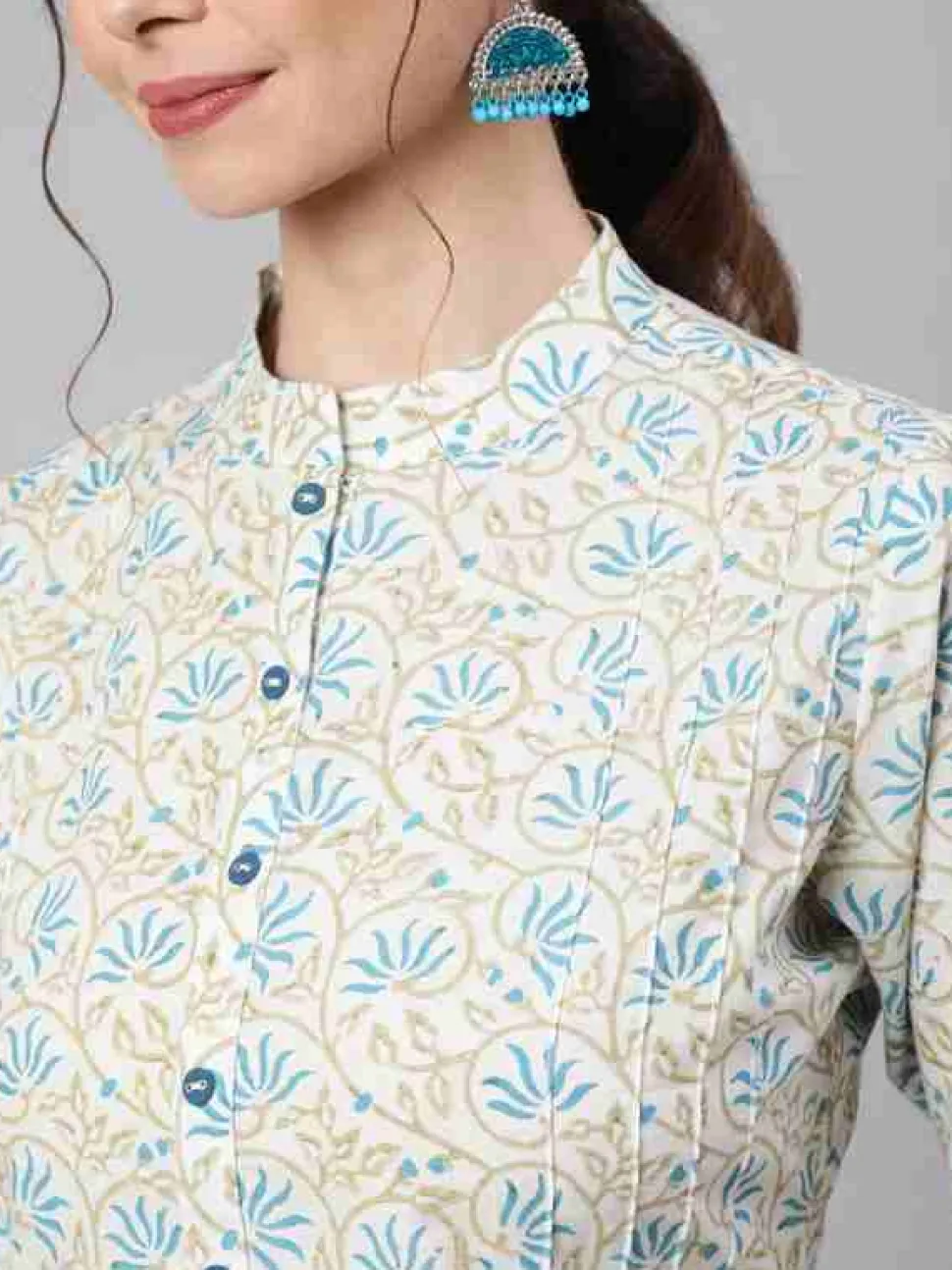 Jaipur Kurti White Printed Cotton Straight Short Kurta With Turquoise Pants