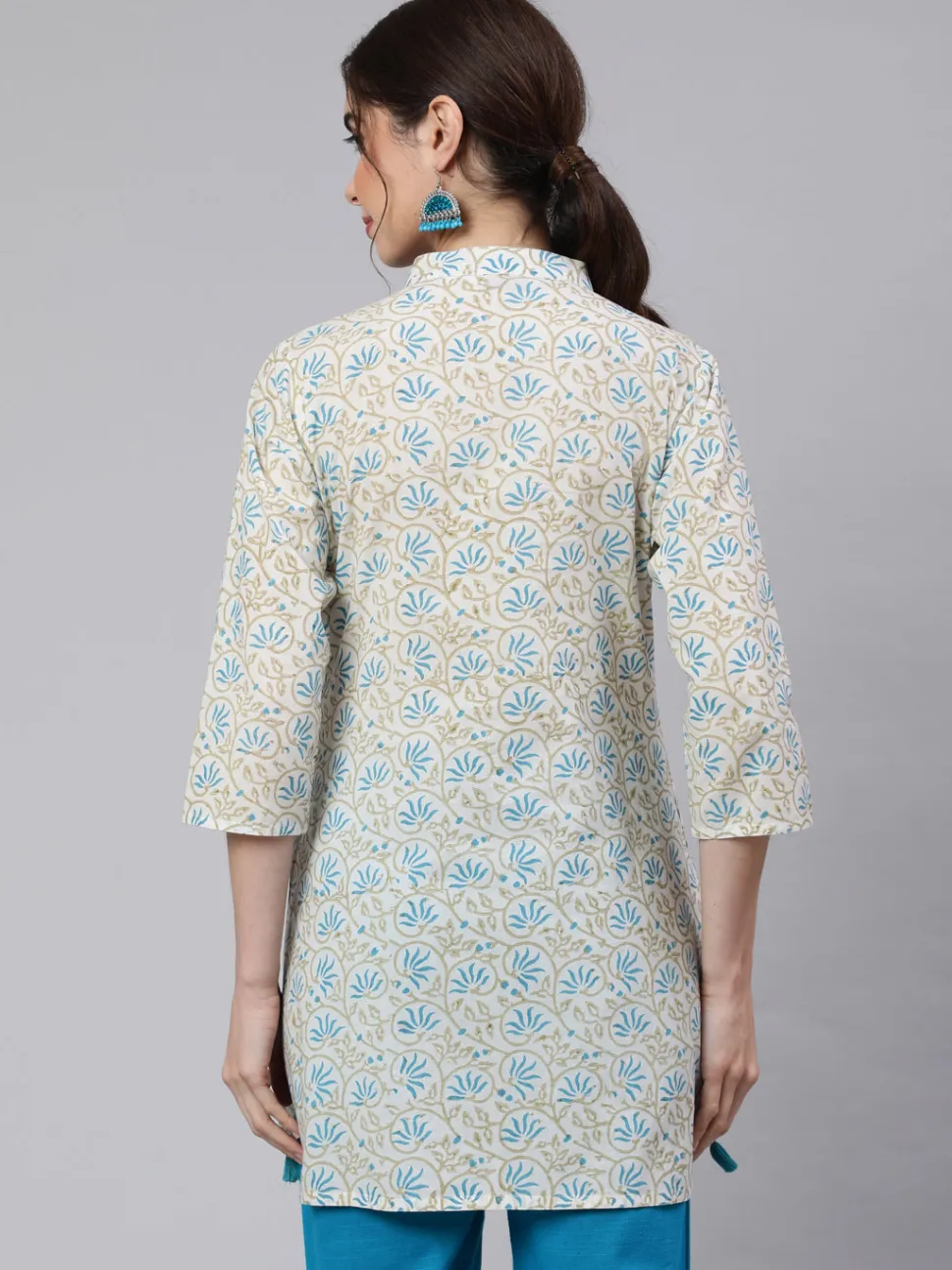 Jaipur Kurti White Printed Cotton Straight Short Kurta With Turquoise Pants
