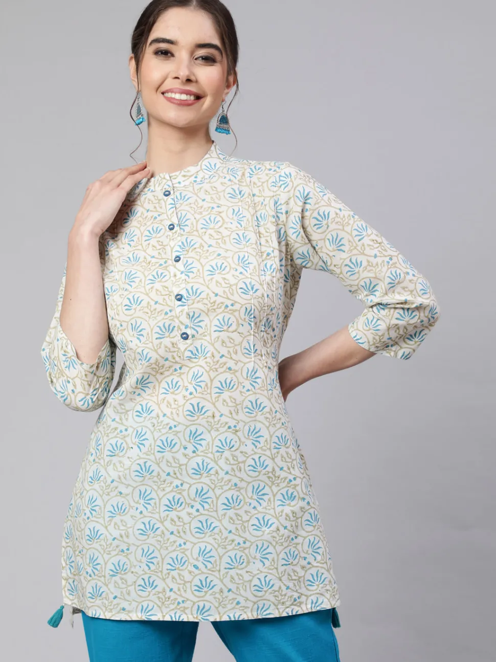 Jaipur Kurti White Printed Cotton Straight Short Kurta With Turquoise Pants