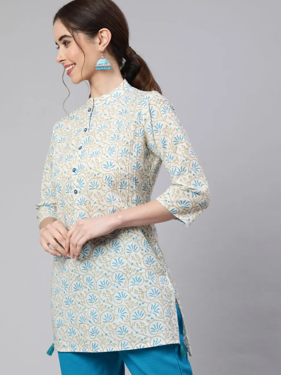 Jaipur Kurti White Printed Cotton Straight Short Kurta With Turquoise Pants