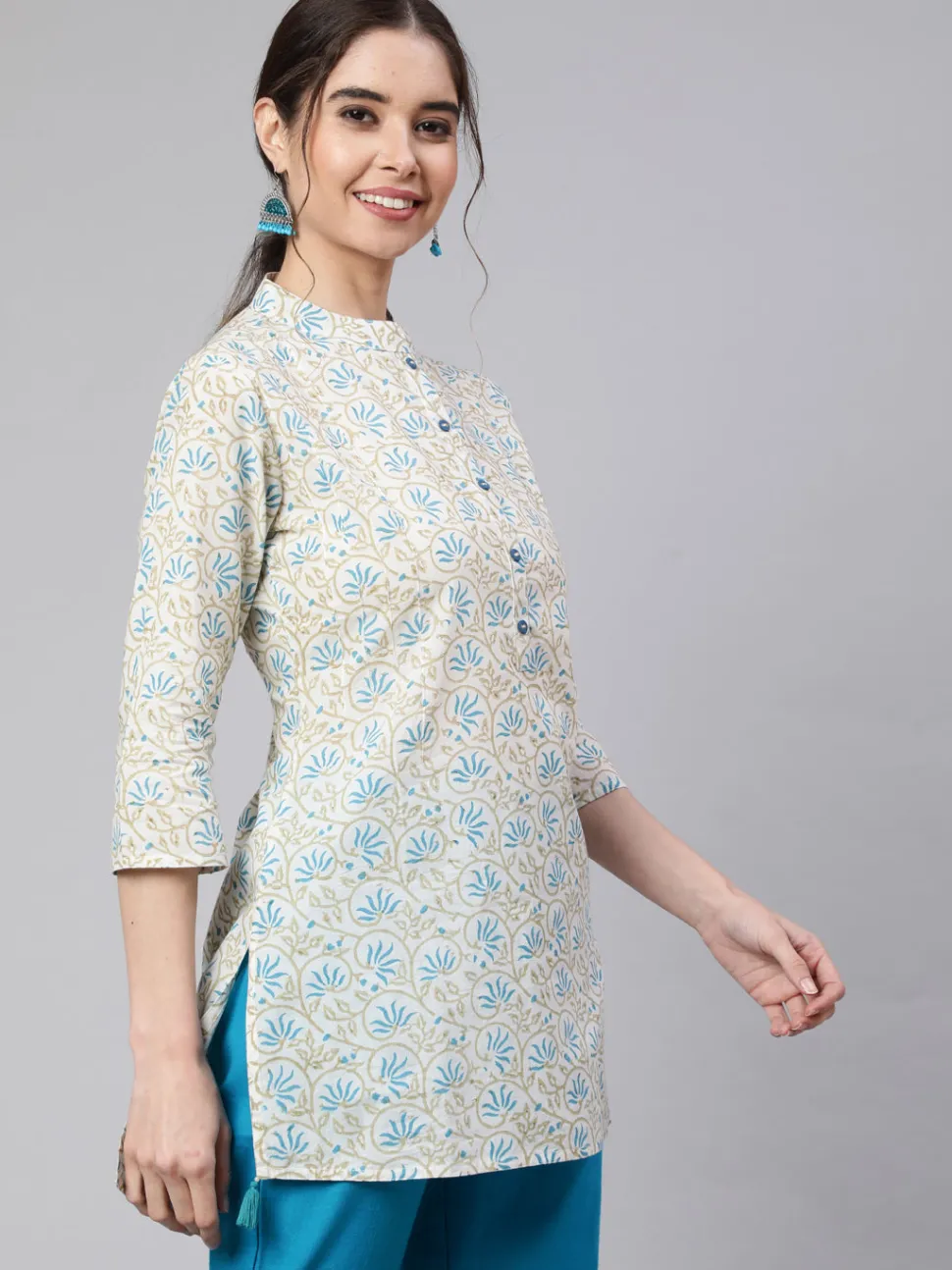 Jaipur Kurti White Printed Cotton Straight Short Kurta With Turquoise Pants