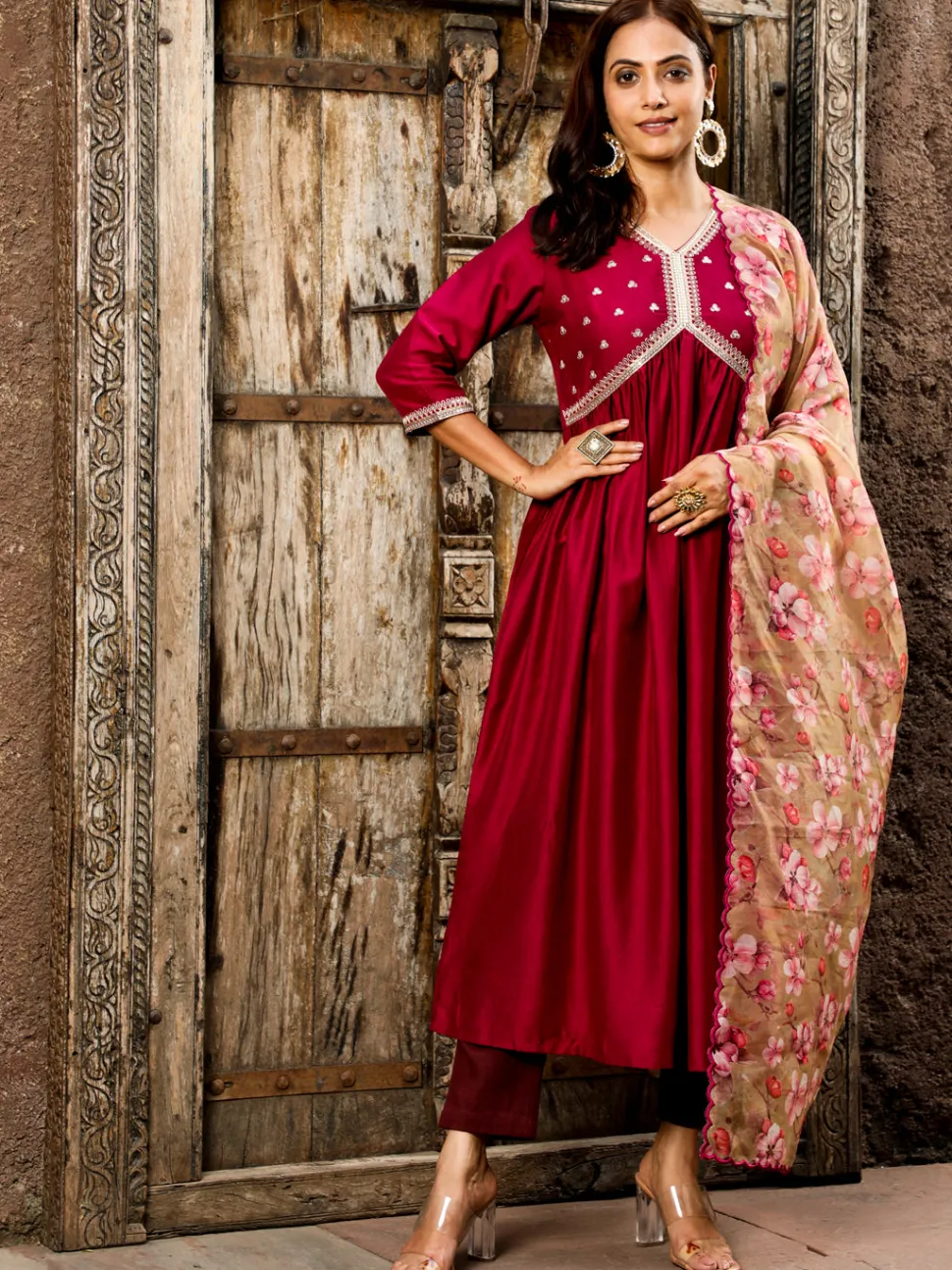 Jaipur Kurti Art Silk Flared Kurta With Floral Printed Organza Dupatta