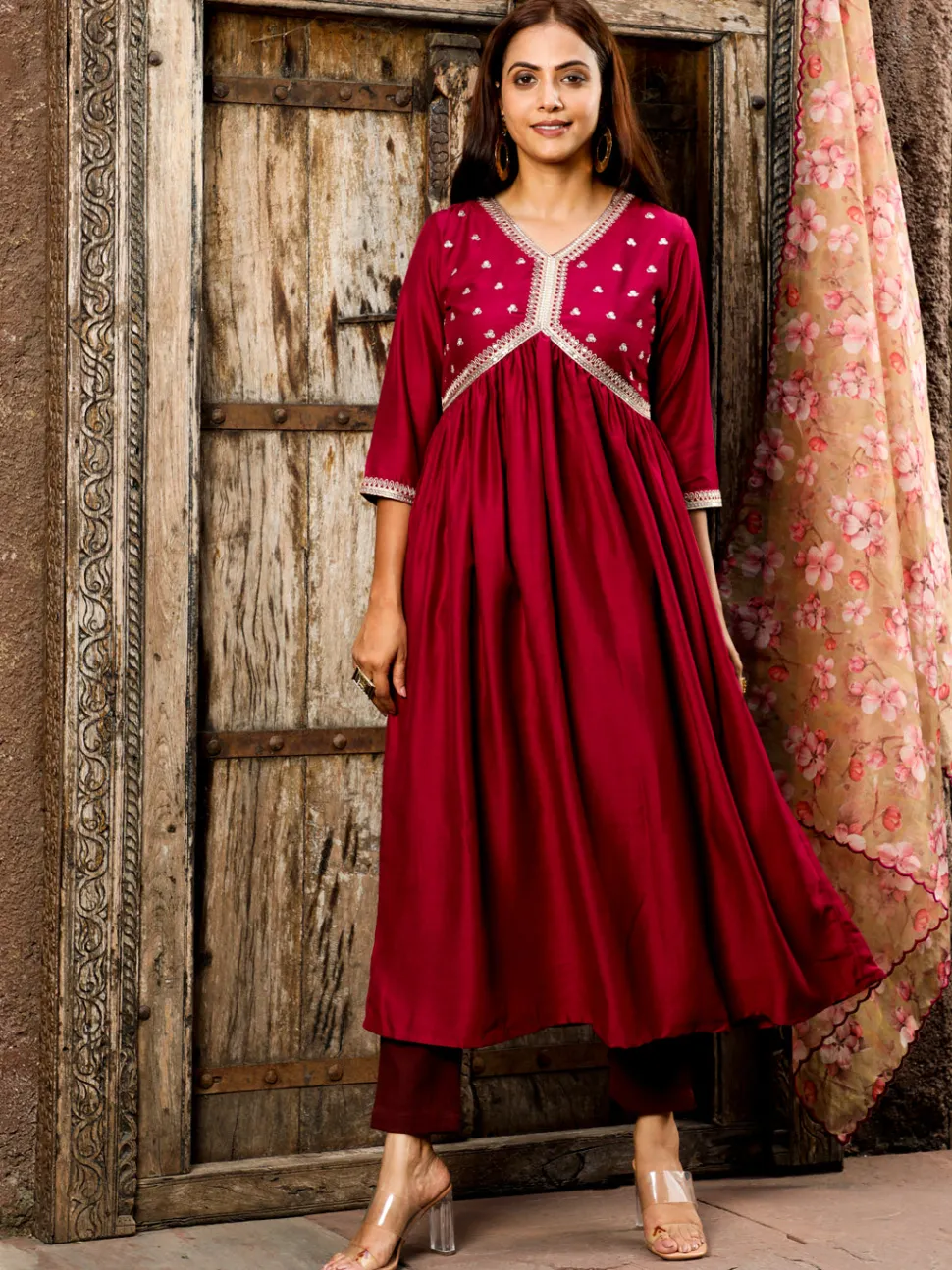 Jaipur Kurti Art Silk Flared Kurta With Floral Printed Organza Dupatta