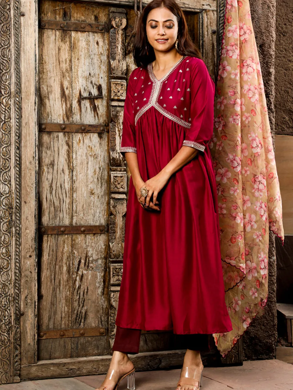 Jaipur Kurti Art Silk Flared Kurta With Floral Printed Organza Dupatta