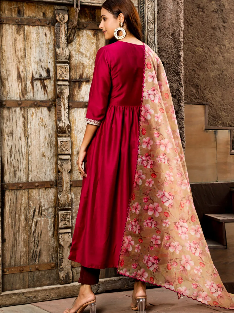 Jaipur Kurti Art Silk Flared Kurta With Floral Printed Organza Dupatta