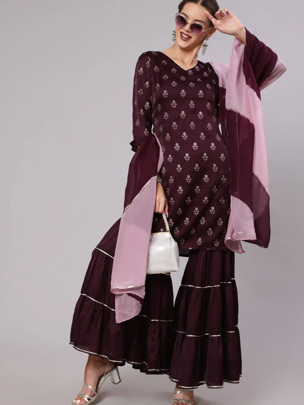 Jaipur Kurti Silk Printed Kurta With Sharara AndOmbre Organza Dupatta