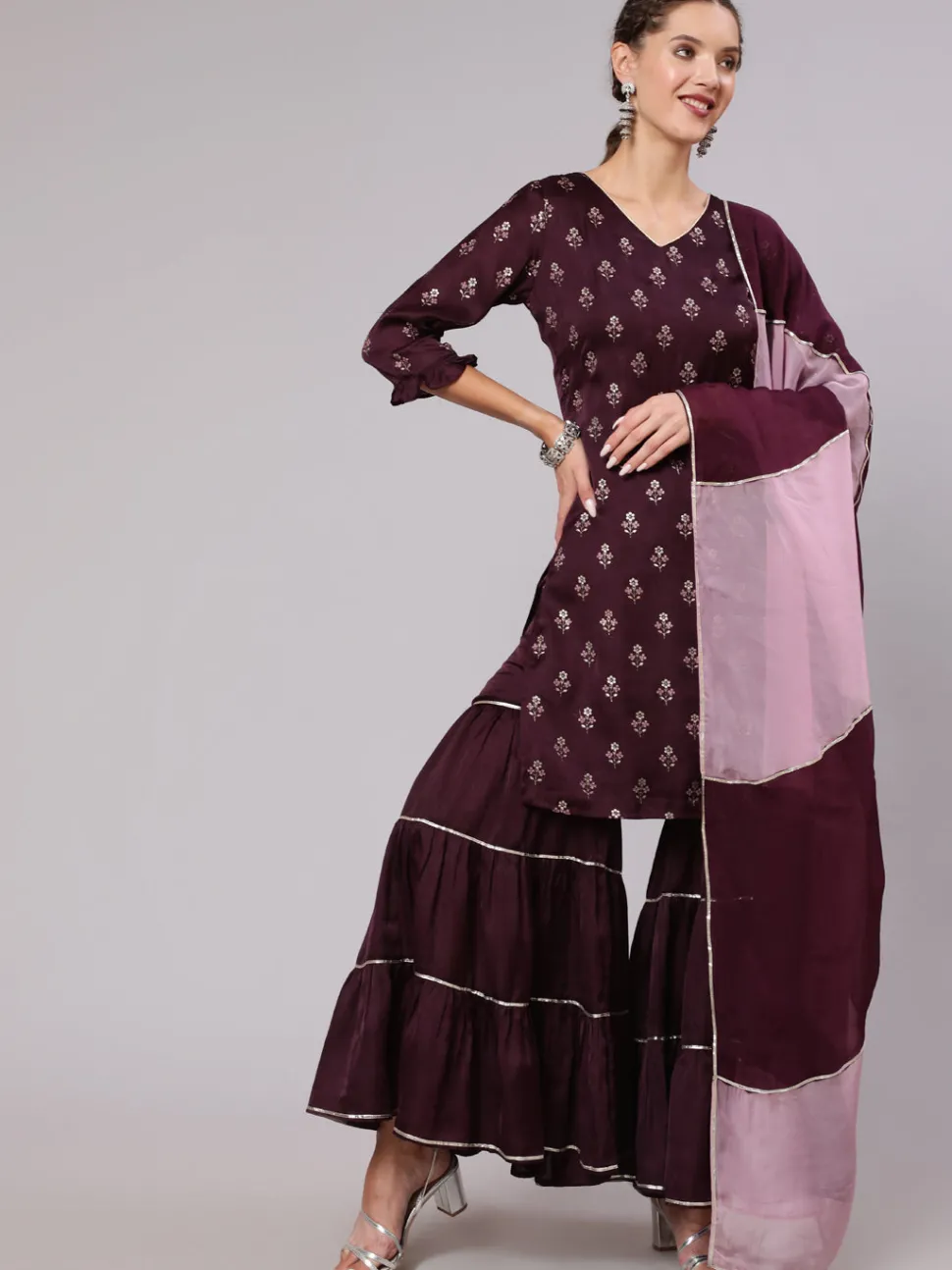 Jaipur Kurti Silk Printed Kurta With Sharara AndOmbre Organza Dupatta