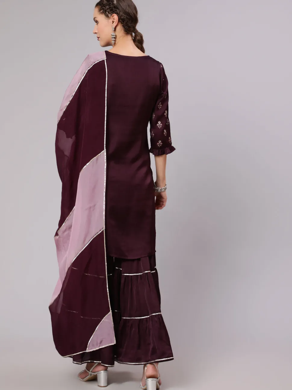 Jaipur Kurti Silk Printed Kurta With Sharara AndOmbre Organza Dupatta