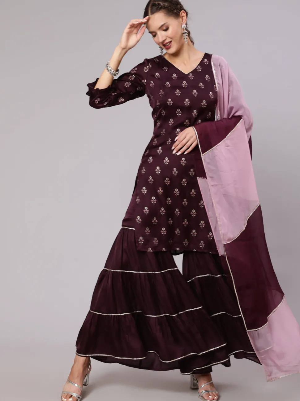 Jaipur Kurti Silk Printed Kurta With Sharara AndOmbre Organza Dupatta