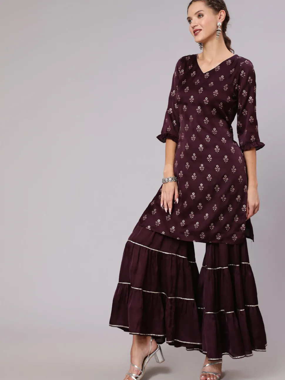 Jaipur Kurti Silk Printed Kurta With Sharara AndOmbre Organza Dupatta