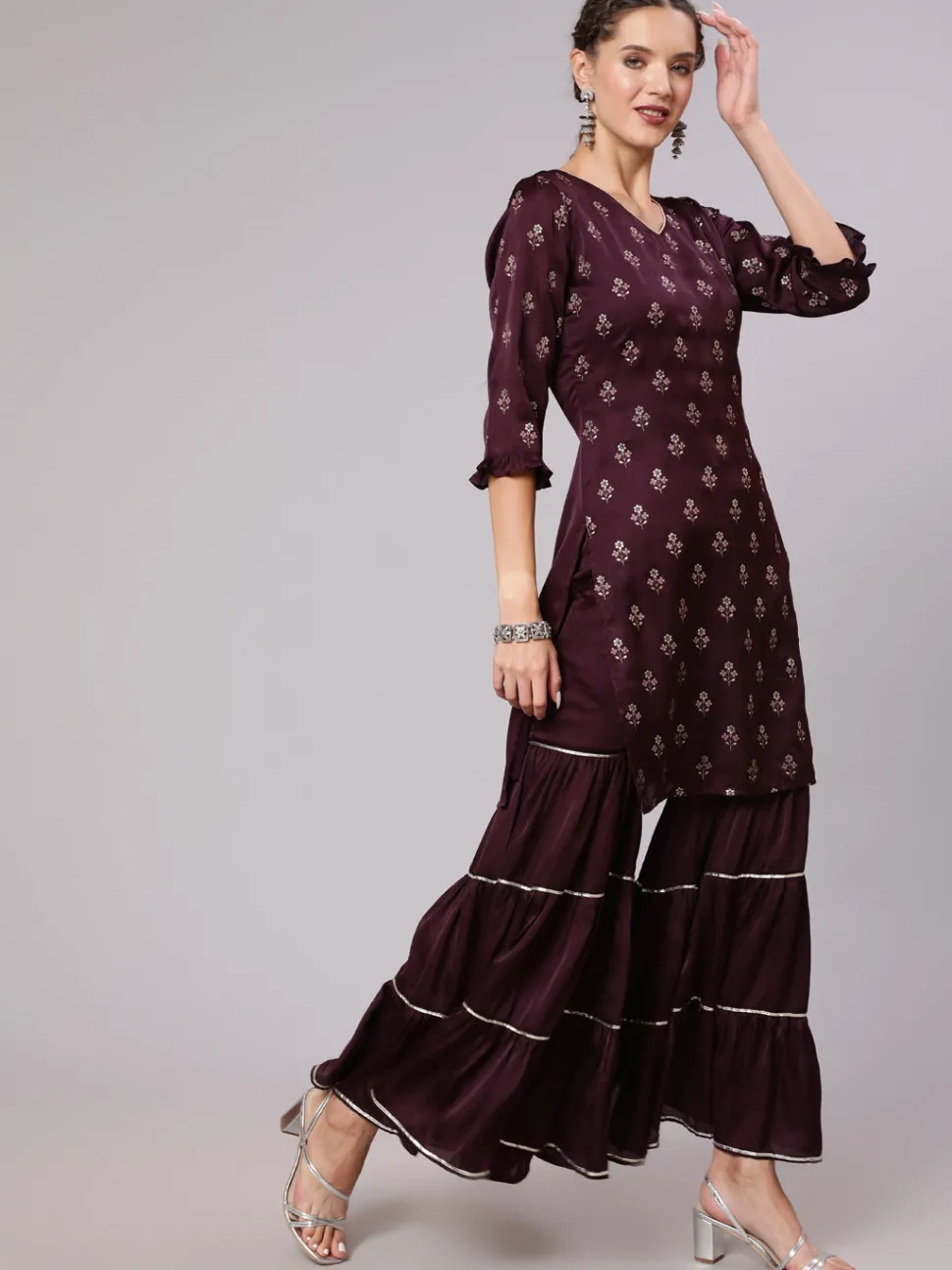 Jaipur Kurti Silk Printed Kurta With Sharara AndOmbre Organza Dupatta