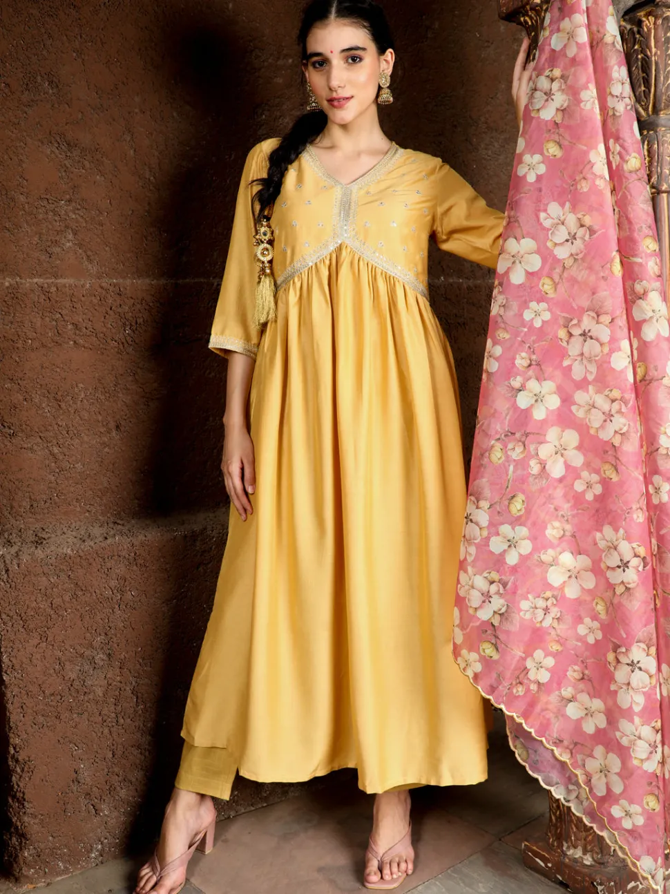Jaipur Kurti Art Silk Flared Kurta With Floral Printed Organza Dupatta