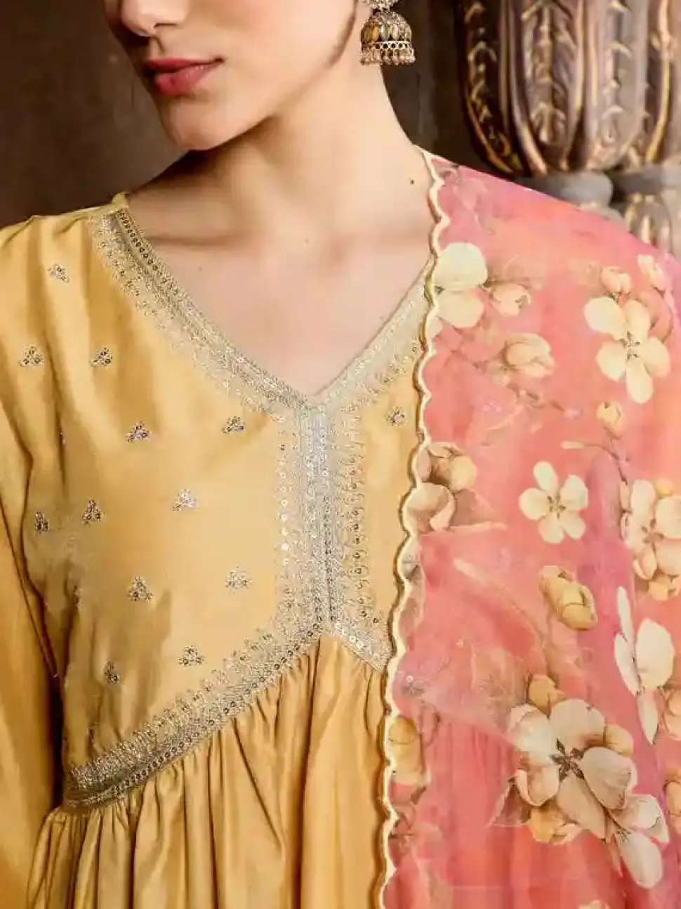 Jaipur Kurti Art Silk Flared Kurta With Floral Printed Organza Dupatta
