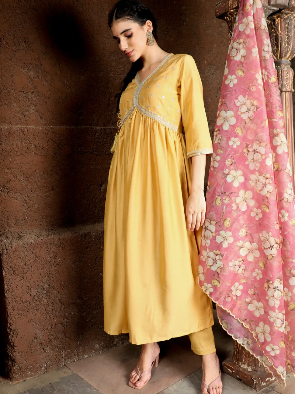 Jaipur Kurti Art Silk Flared Kurta With Floral Printed Organza Dupatta