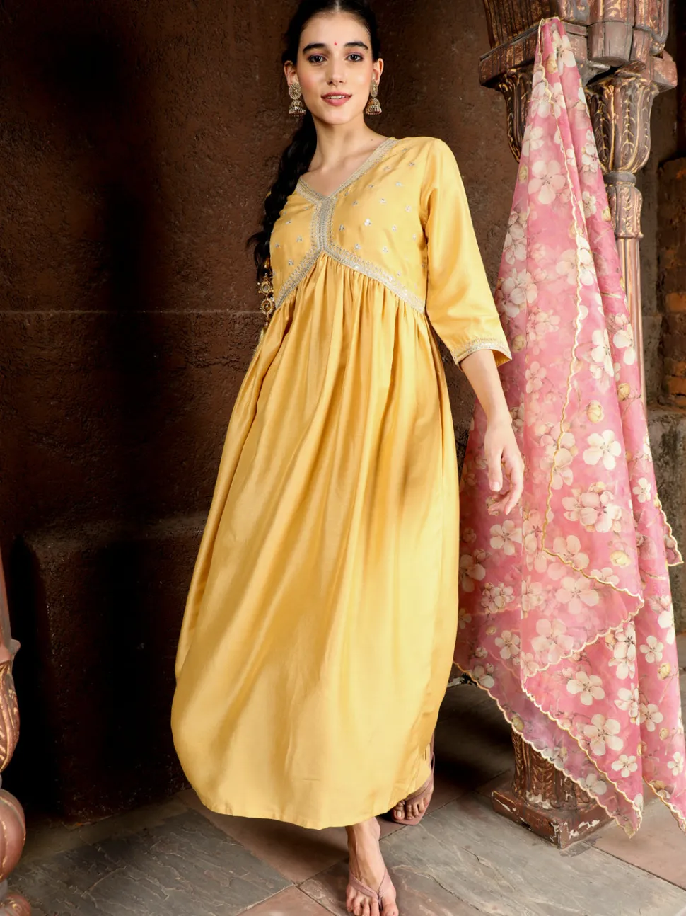 Jaipur Kurti Art Silk Flared Kurta With Floral Printed Organza Dupatta
