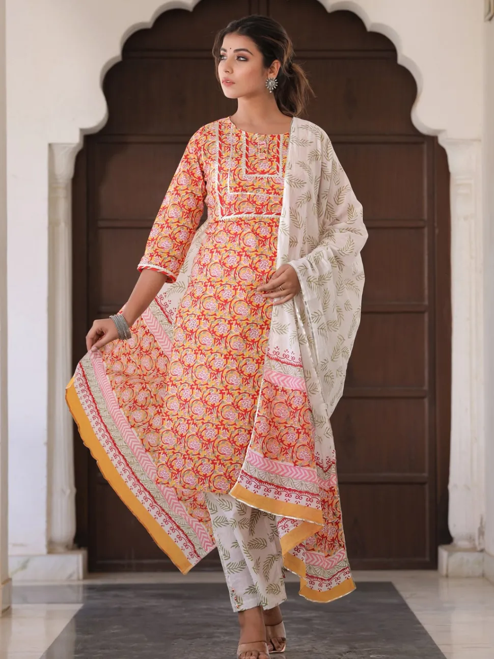 Jaipur Kurti Yellow Ethnic Print Straight Cotton Kurta With Palazzo And Dupatta