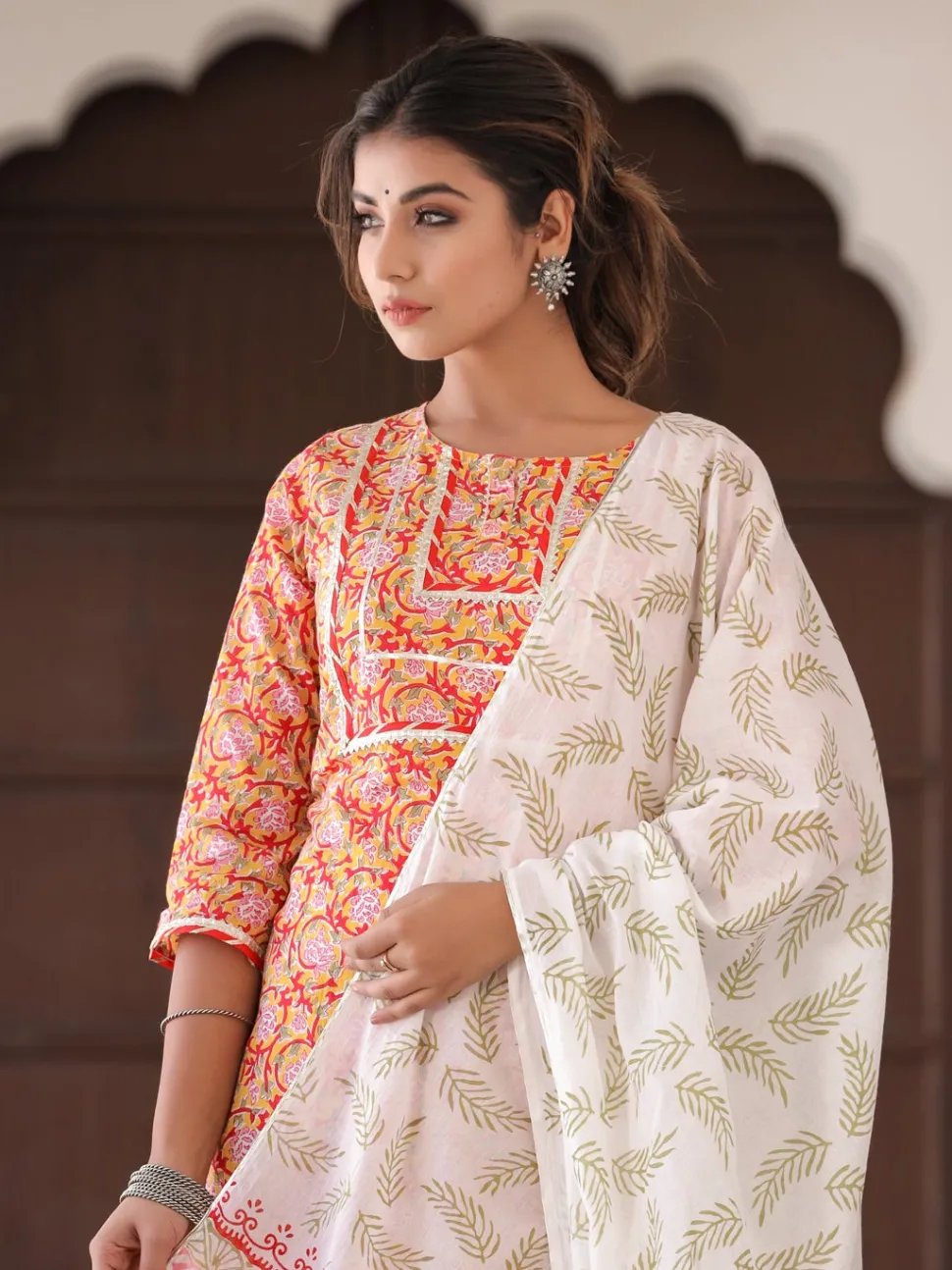 Jaipur Kurti Yellow Ethnic Print Straight Cotton Kurta With Palazzo And Dupatta
