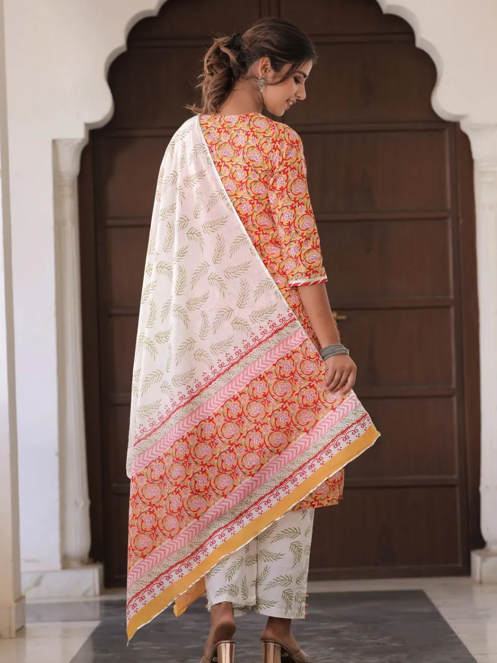 Jaipur Kurti Yellow Ethnic Print Straight Cotton Kurta With Palazzo And Dupatta