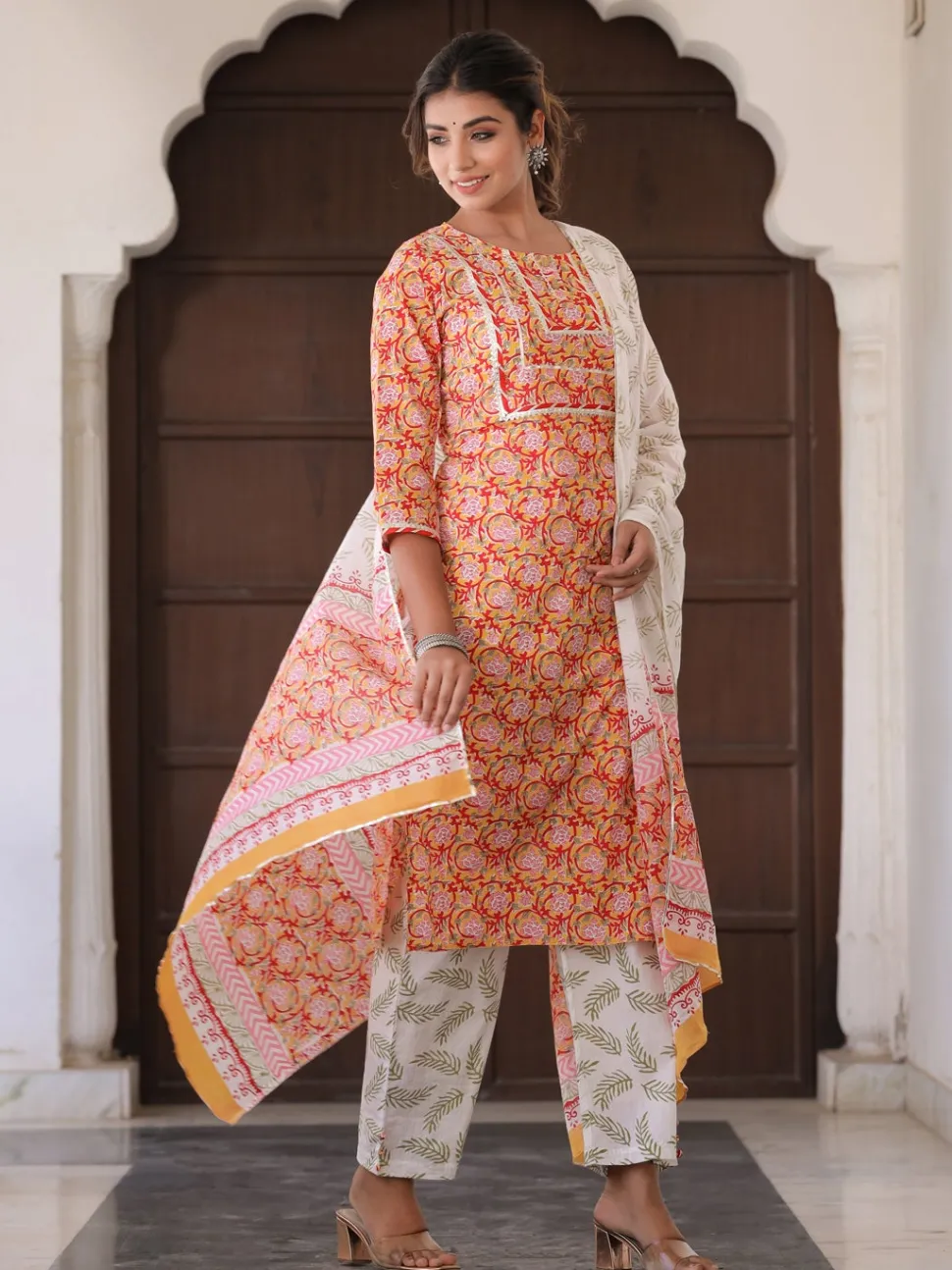 Jaipur Kurti Yellow Ethnic Print Straight Cotton Kurta With Palazzo And Dupatta