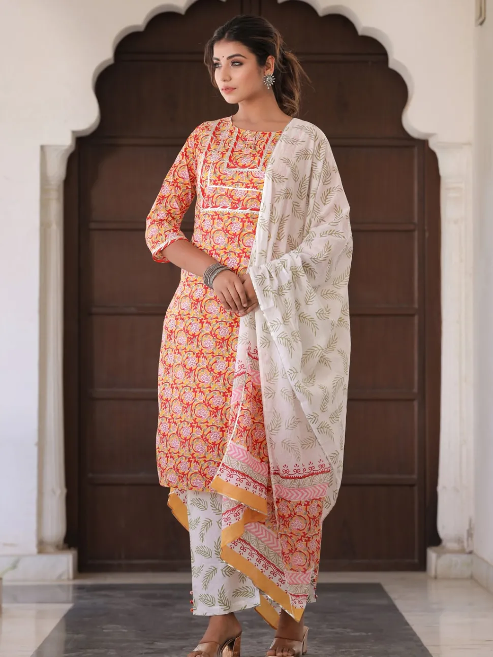 Jaipur Kurti Yellow Ethnic Print Straight Cotton Kurta With Palazzo And Dupatta