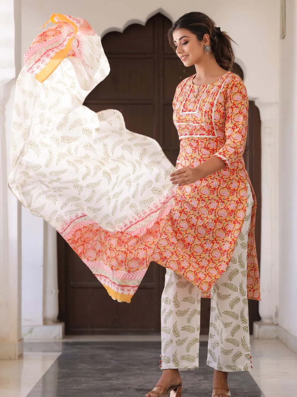 Jaipur Kurti Yellow Ethnic Print Straight Cotton Kurta With Palazzo And Dupatta