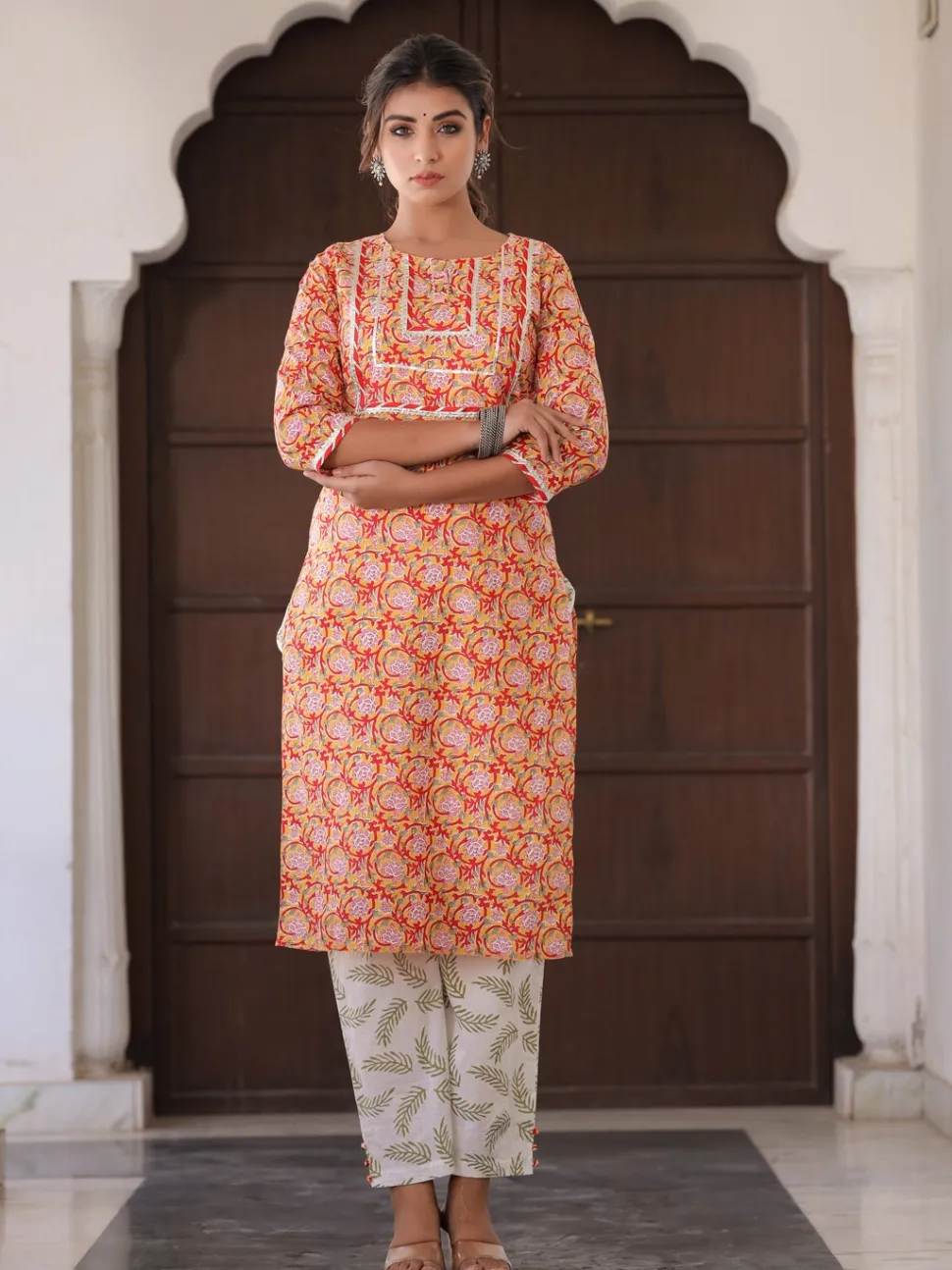 Jaipur Kurti Yellow Ethnic Print Straight Cotton Kurta With Palazzo And Dupatta
