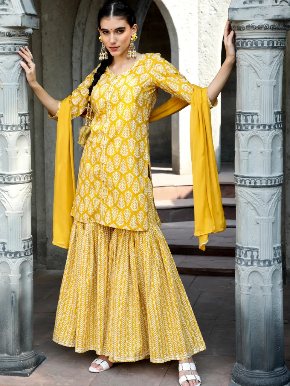 Jaipur Kurti Ethnic Printed Straight Kurta With Sharara And Chiffon Dupatta