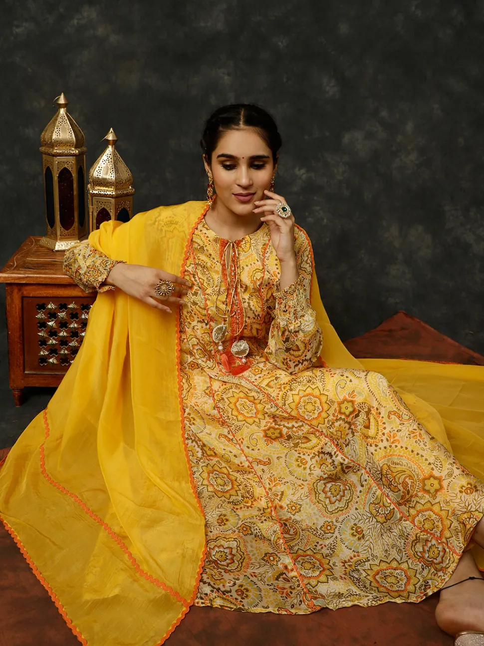 Jaipur Kurti Floral Printed Mirror Work Anarkali Kurta With Pants And Dupatta