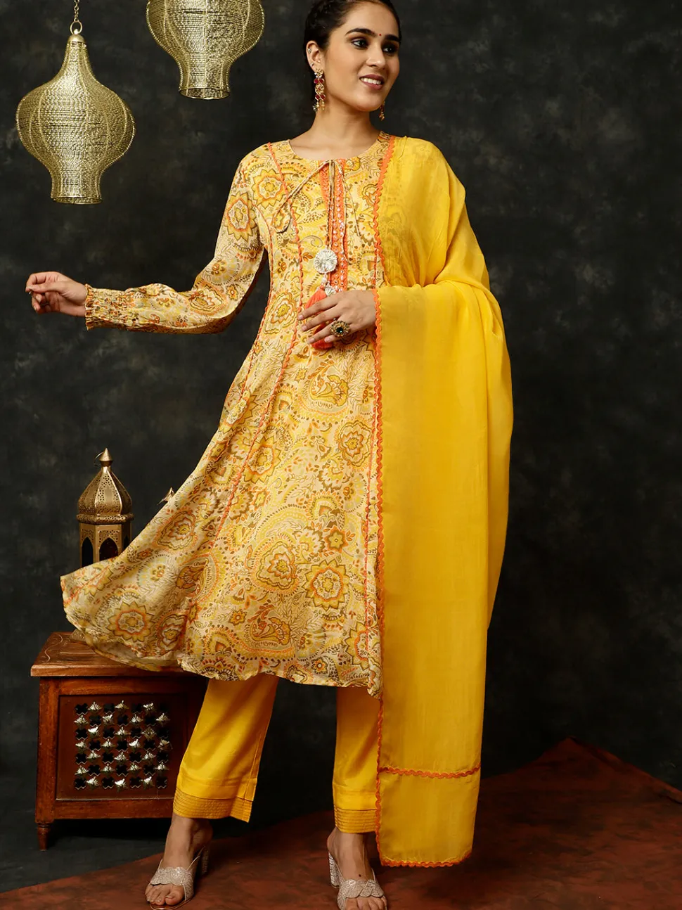 Jaipur Kurti Floral Printed Mirror Work Anarkali Kurta With Pants And Dupatta