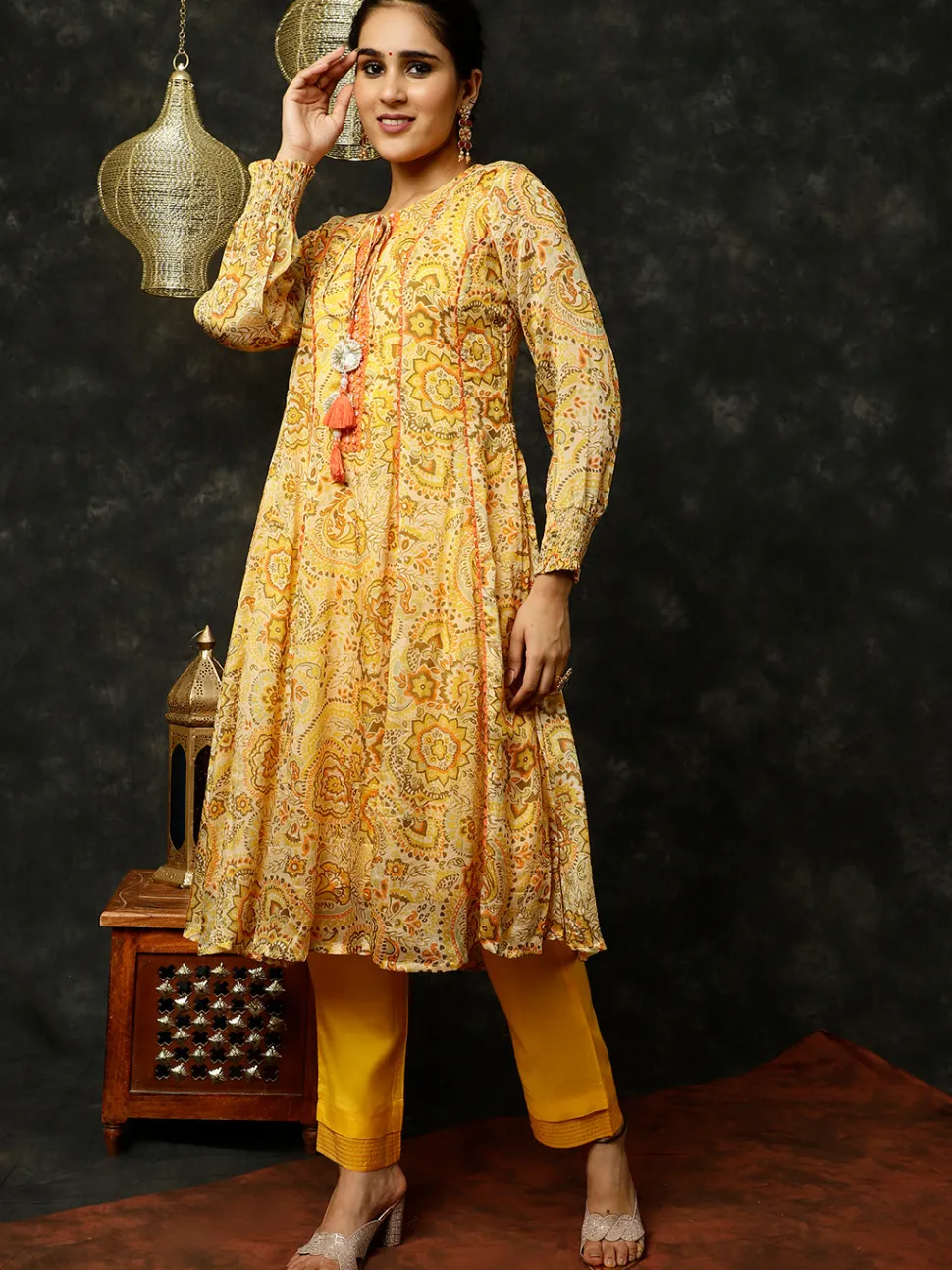 Jaipur Kurti Floral Printed Mirror Work Anarkali Kurta With Pants And Dupatta