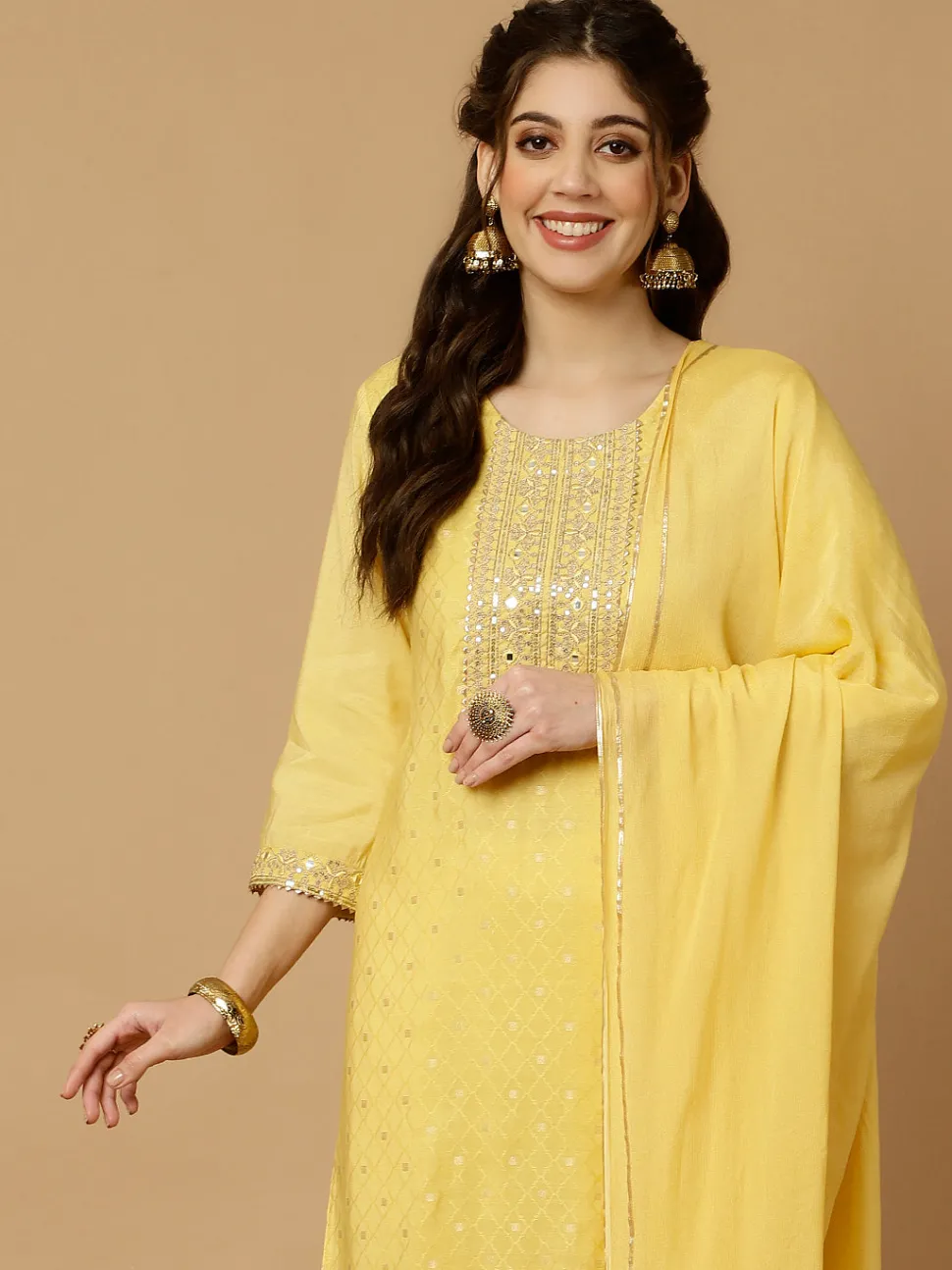 Jaipur Kurti Mirror Work Chanderi Straight Kurta With Pants And Dupatta