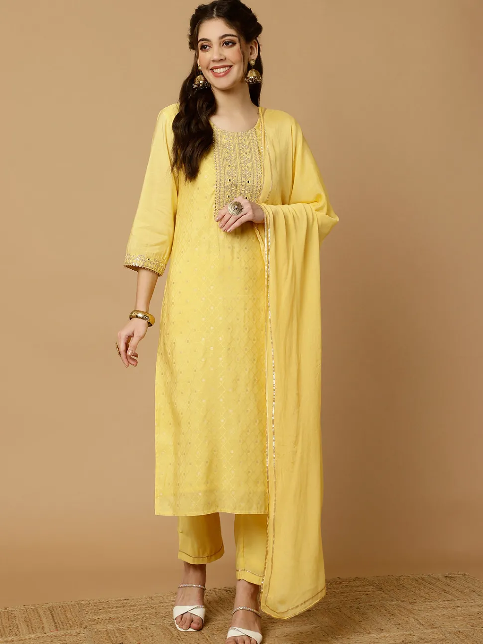 Jaipur Kurti Mirror Work Chanderi Straight Kurta With Pants And Dupatta