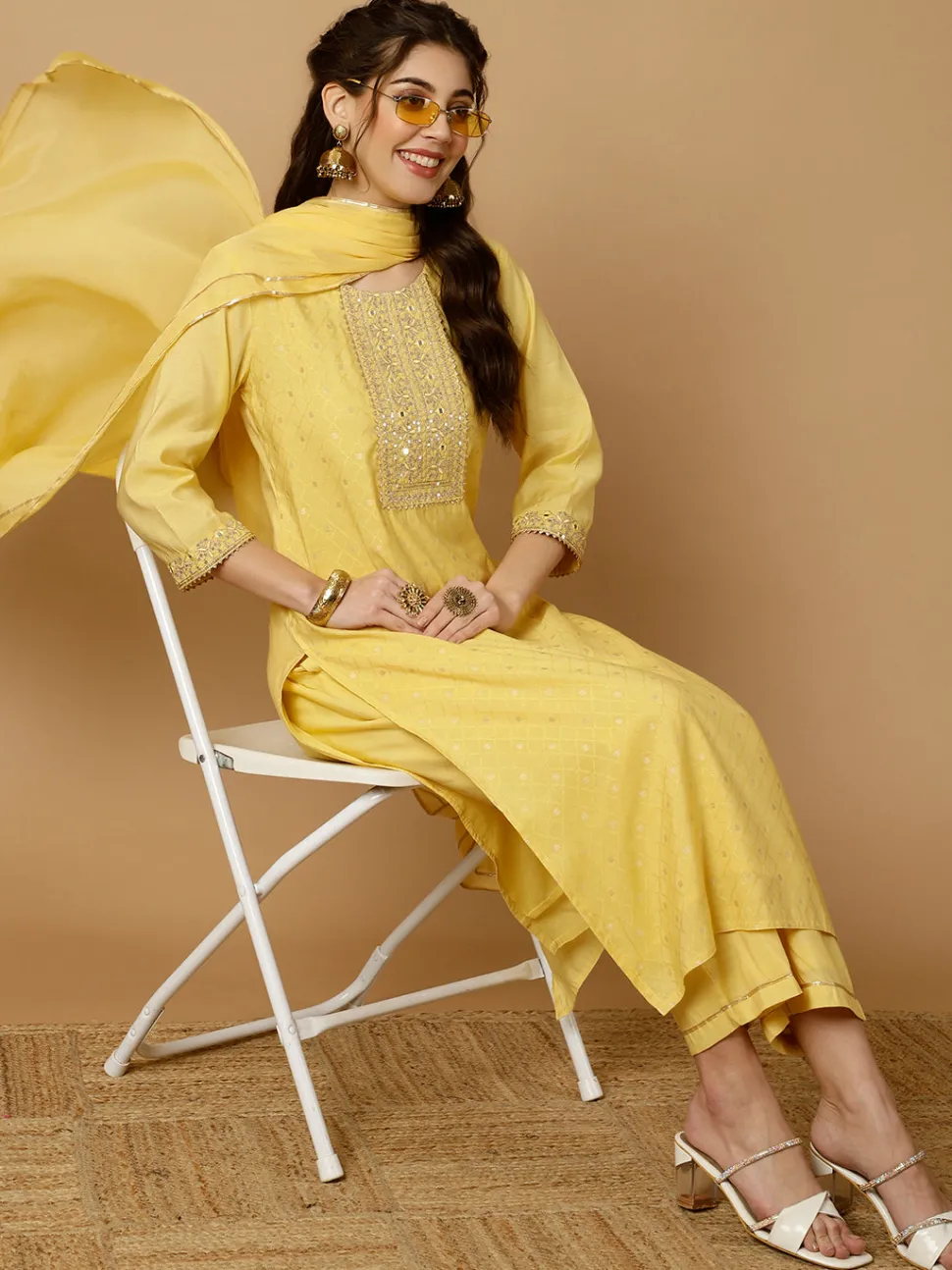 Jaipur Kurti Mirror Work Chanderi Straight Kurta With Pants And Dupatta